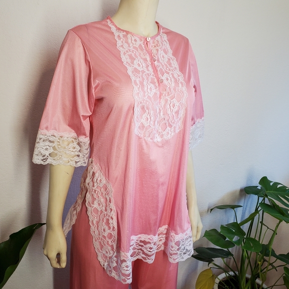 Vintage 60s Pajamas Set Pants Lace Pink - Picture 9 of 9